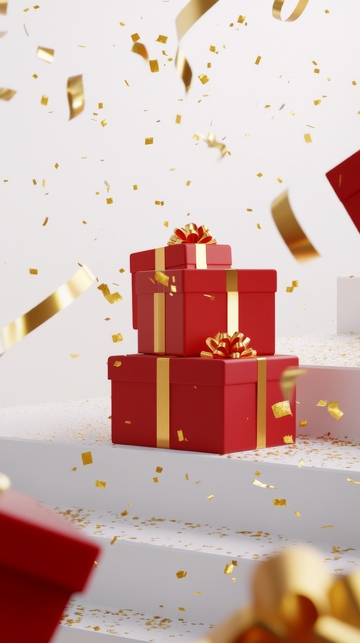 红色礼盒与金色装饰的节日场景