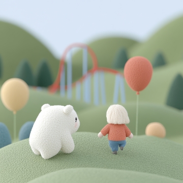 童趣小人与白熊漫步山丘