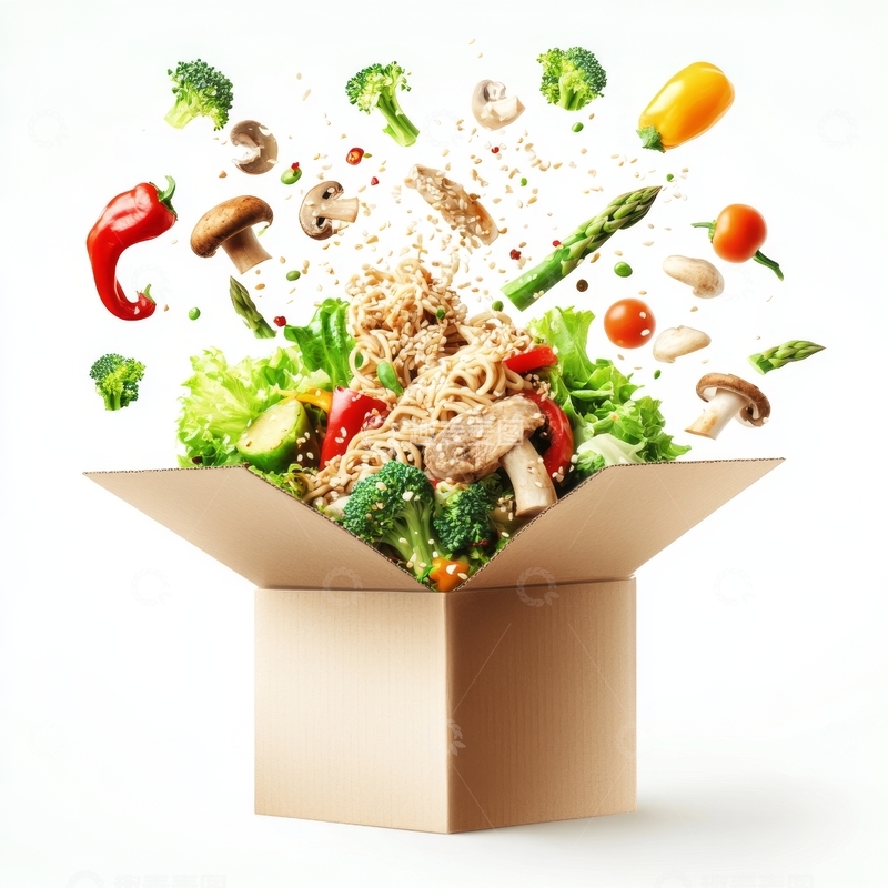 高清大图下载【趣麦麦图】新鲜食材从盒中跃出，构成美味炒面