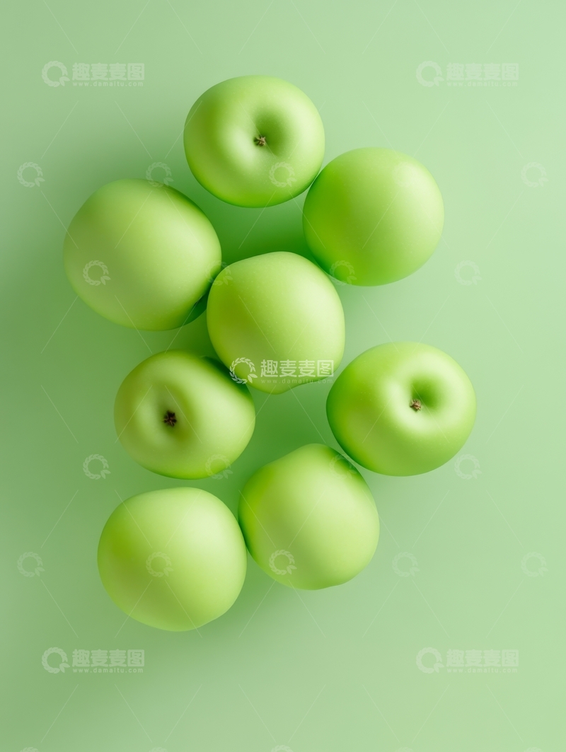 高清大图下载【趣麦麦图】绿色苹果堆叠在浅绿背景上