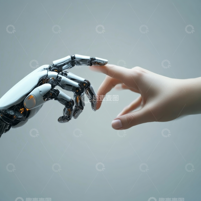 高清大图下载【趣麦麦图】机械手与人类手的触碰瞬间