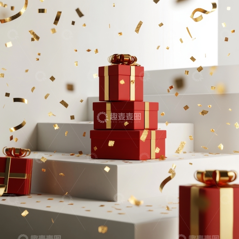高清大图下载【趣麦麦图】节日礼物堆叠，金色纸屑飘落