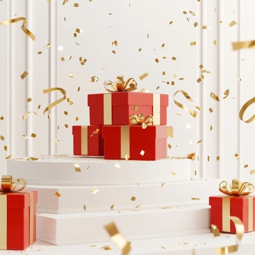 红色礼盒与金色彩带的节日场景