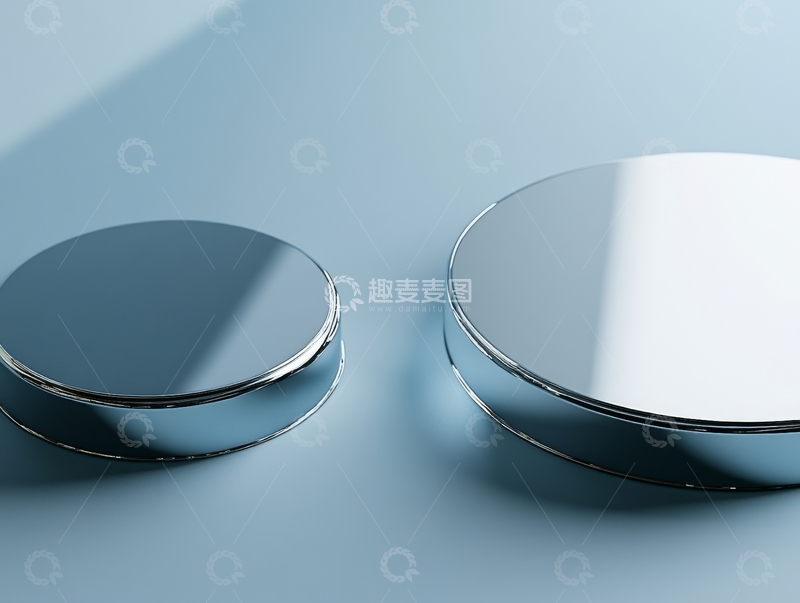 两个金属圆盘在浅蓝色背景上的展示