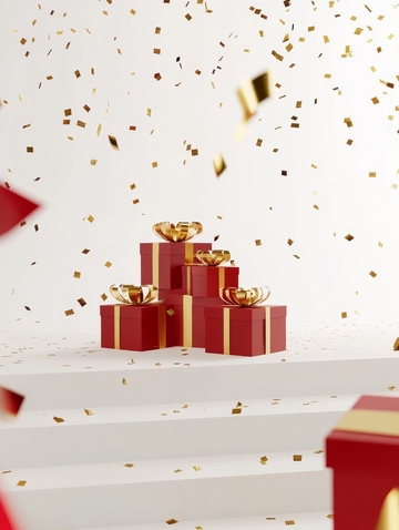 红色礼盒与金色纸屑的节日场景