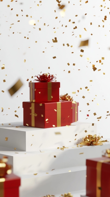 红色礼盒与金色纸屑的节日场景