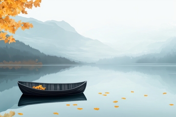 秋日湖畔孤舟静谧风景