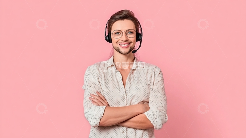 高清大图下载【趣麦麦图】佩戴耳机的微笑女性