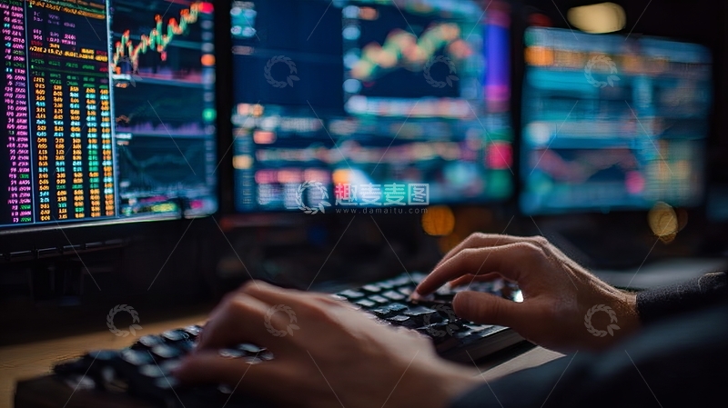 高清大图下载【趣麦麦图】交易员在多屏显示器前分析数据