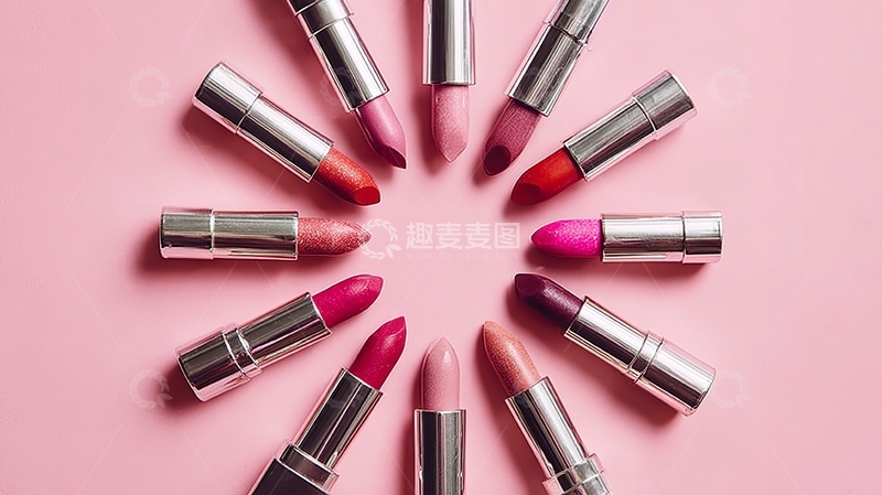高清大图下载【趣麦麦图】多色口红排列在粉色背景上