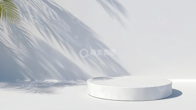 高清大图下载【趣麦麦图】白色圆柱体与棕榈叶阴影的简约场景