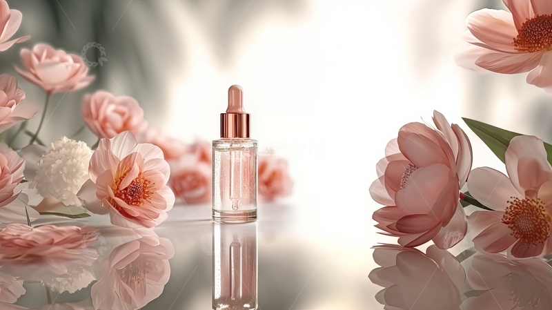 高清大图下载【趣麦麦图】花丛中的透明瓶装精华液