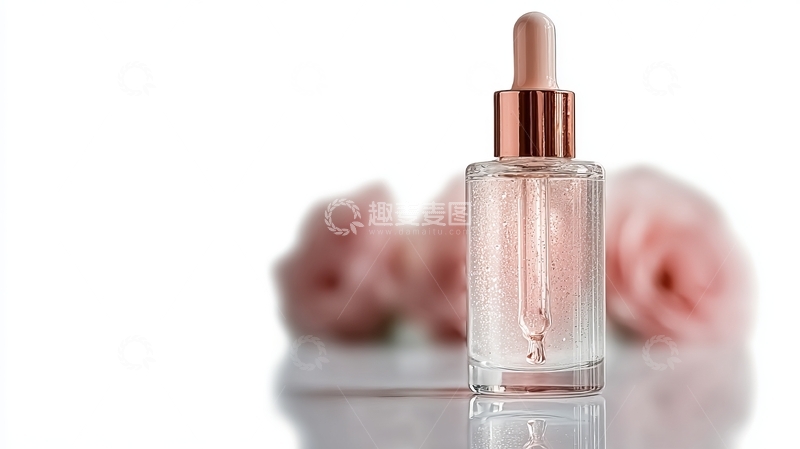 高清大图下载【趣麦麦图】透明滴管瓶与粉色玫瑰背景