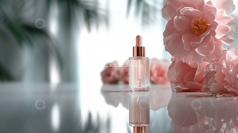 高清大图下载【趣麦麦图】透明瓶装精华液与粉色花朵