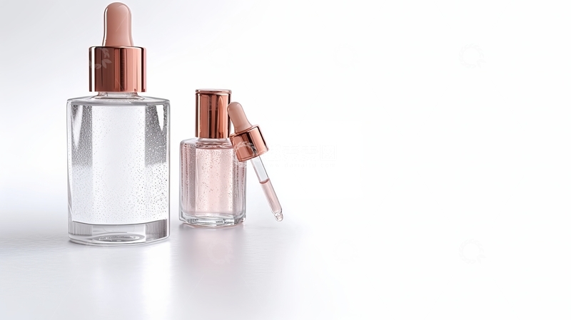 高清大图下载【趣麦麦图】透明玻璃瓶与滴管，简约化妆品展示