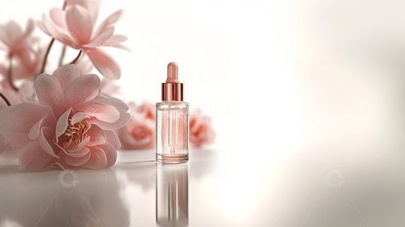高清大图下载【趣麦麦图】透明瓶装精华液与粉色花朵