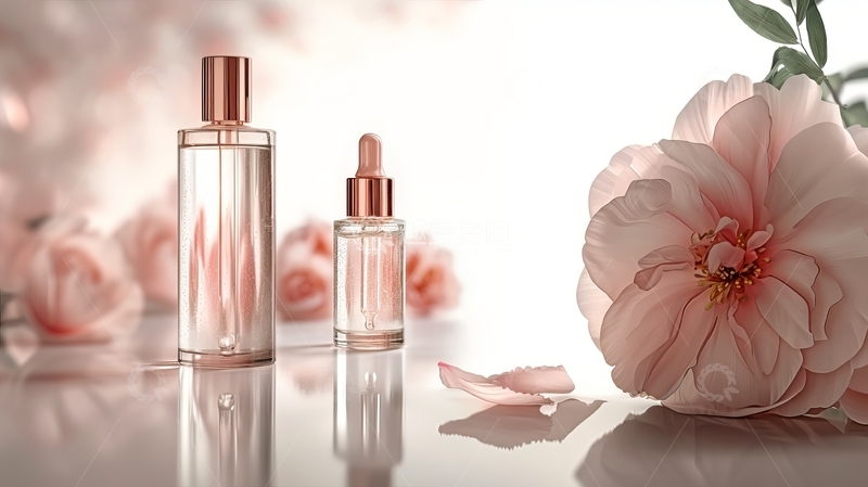 高清大图下载【趣麦麦图】透明瓶装香水与粉色花朵