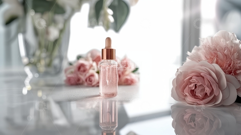 高清大图下载【趣麦麦图】透明瓶装精华液与粉色玫瑰花