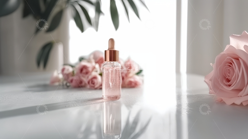 高清大图下载【趣麦麦图】透明瓶装精华液与粉色玫瑰