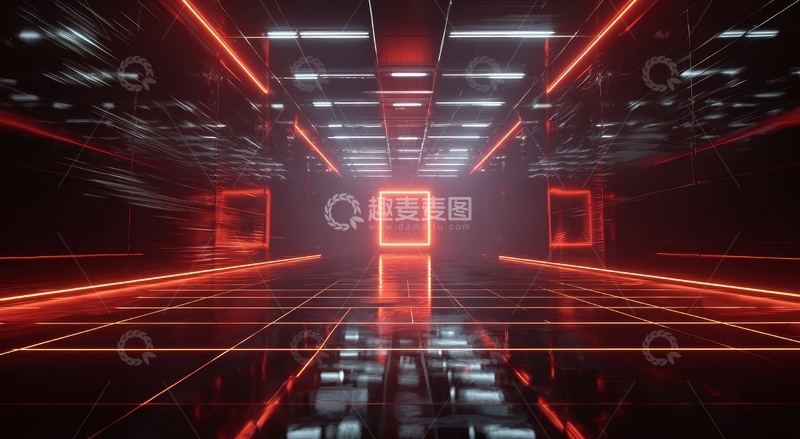 高清大图下载【趣麦麦图】未来科技走廊，红色光线与网格设计