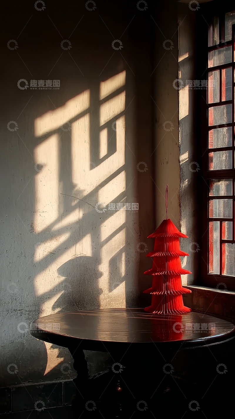 高清大图下载【趣麦麦图】红色塔形装饰在光影斑驳的室内