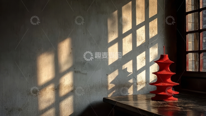 高清大图下载【趣麦麦图】阳光透过窗户洒在红色塔形装饰上