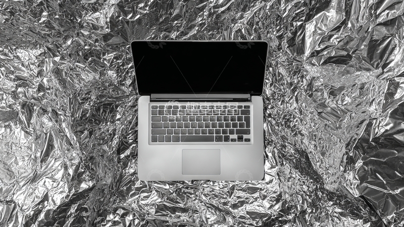 高清大图下载【趣麦麦图】笔记本电脑置于铝箔背景之上