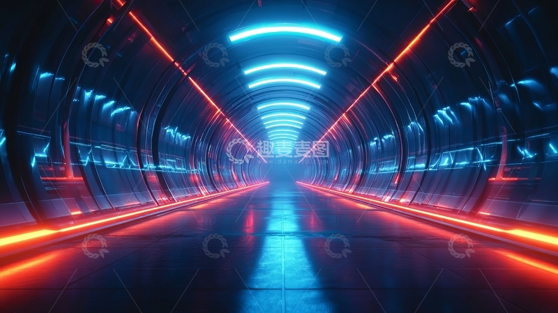 高清大图下载【趣麦麦图】霓虹灯照亮的未来科技隧道
