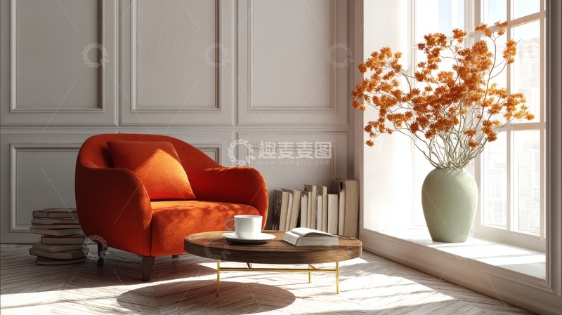 高清大图下载【趣麦麦图】温馨客厅一角，橙色沙发与花瓶装饰