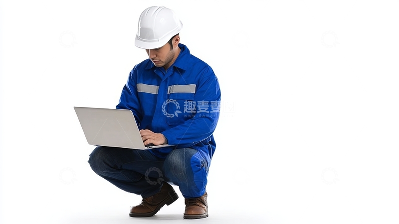 高清大图下载【趣麦麦图】工人蹲坐使用笔记本电脑