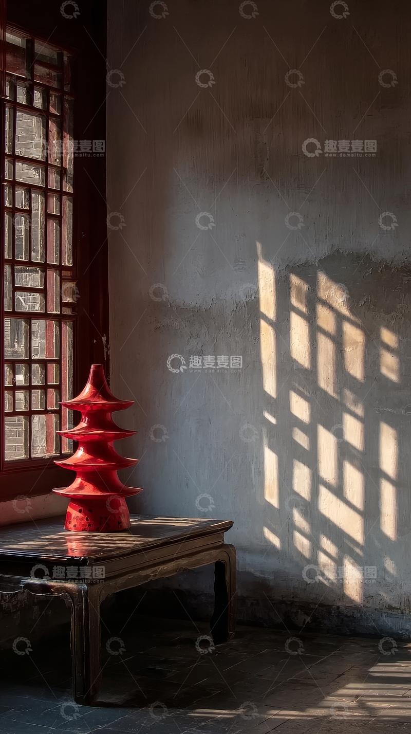 高清大图下载【趣麦麦图】古窗光影下的红色塔形摆件