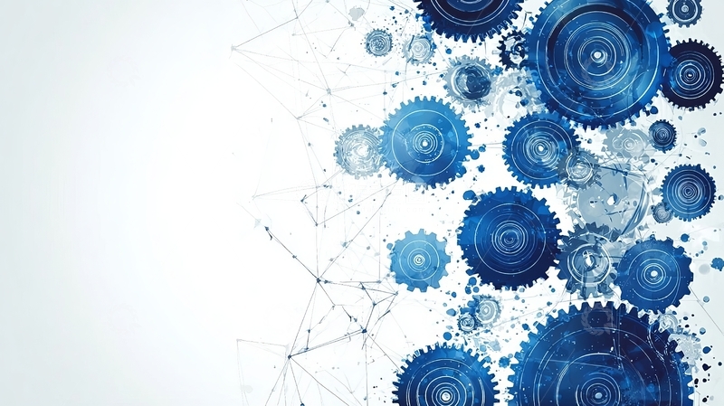 高清大图下载【趣麦麦图】蓝色齿轮与点线网络的抽象图案