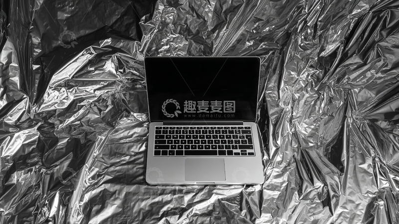 高清大图下载【趣麦麦图】笔记本电脑置于铝箔背景之上
