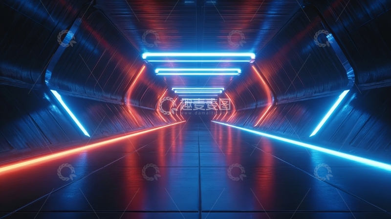 高清大图下载【趣麦麦图】霓虹灯照亮的未来科技隧道