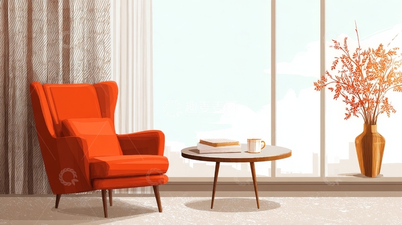 高清大图下载【趣麦麦图】橙色扶手椅与木质茶几的现代客厅布置