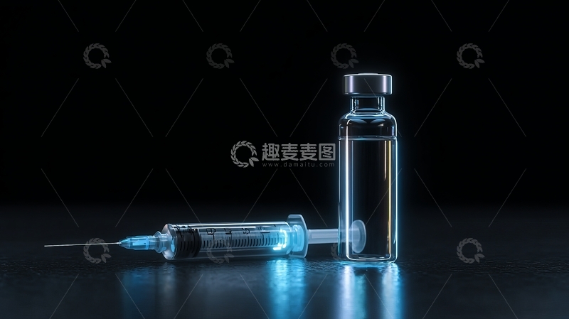 高清大图下载【趣麦麦图】注射器与药瓶在黑暗背景下的特写