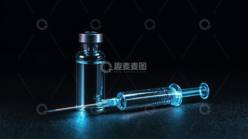 高清大图下载【趣麦麦图】疫苗瓶与注射器在暗背景下的特写