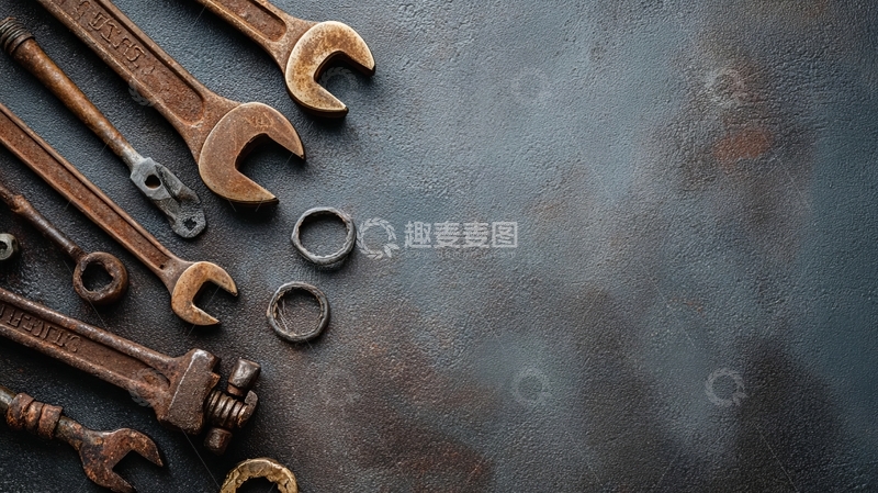 高清大图下载【趣麦麦图】复古扳手排列在深色背景上