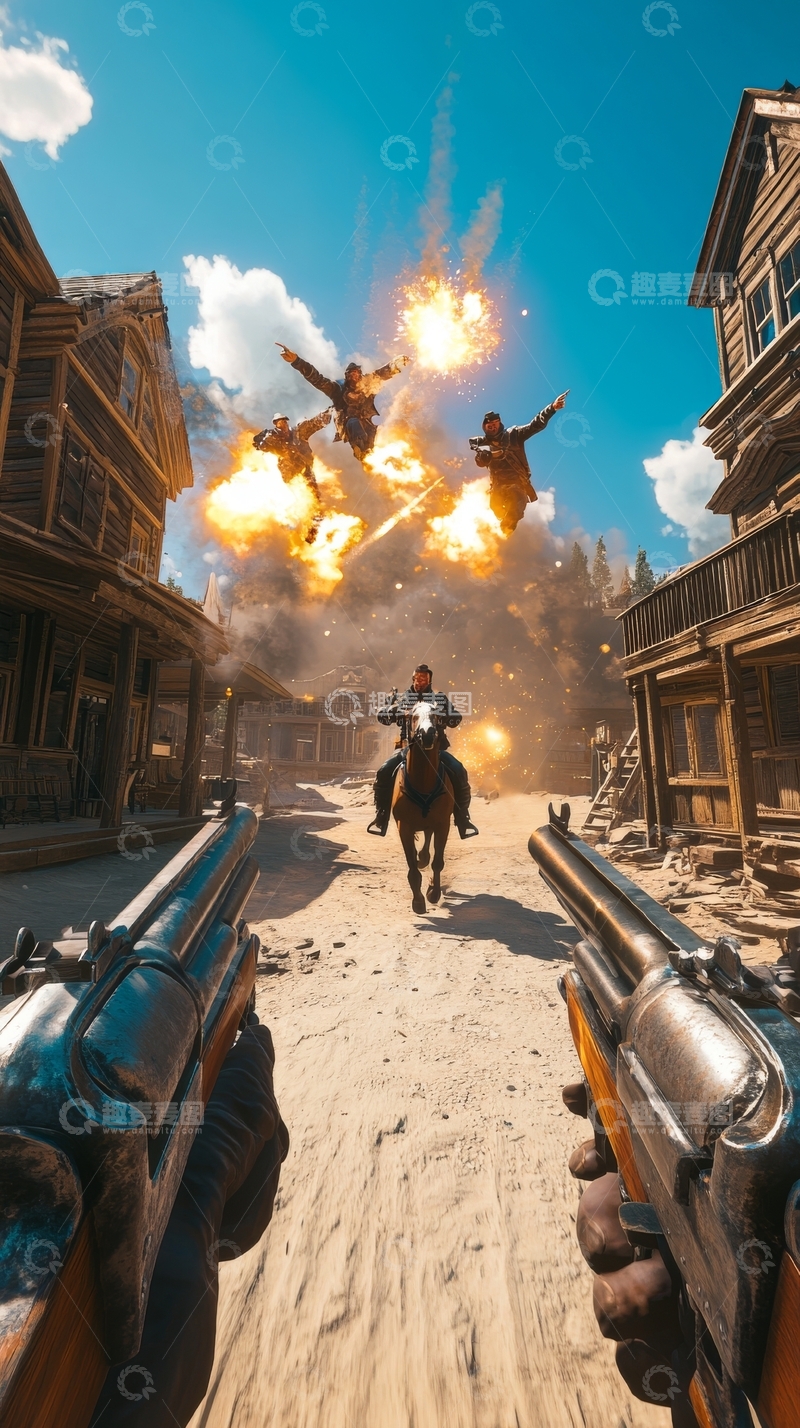 高清大图下载【趣麦麦图】西部小镇爆炸，骑马持枪者疾驰