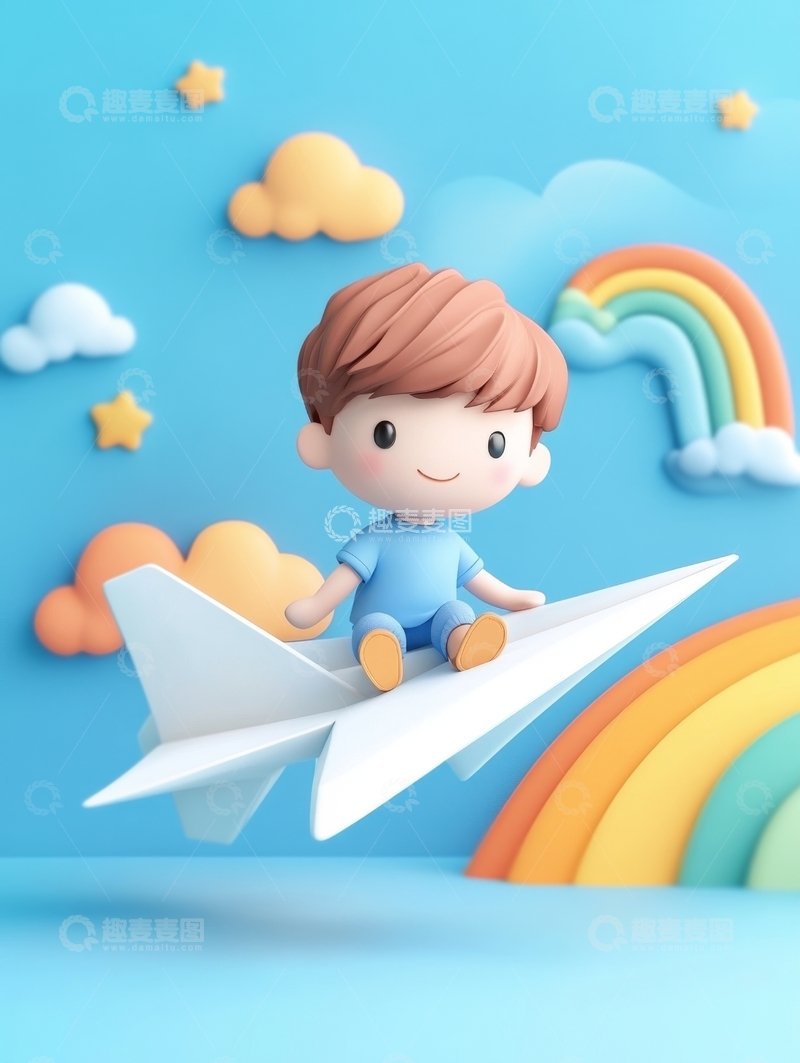 高清大图下载【趣麦麦图】童趣男孩乘纸飞机翱翔彩虹云端