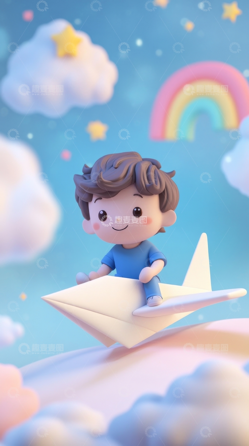 高清大图下载【趣麦麦图】小男孩乘纸飞机遨游云端