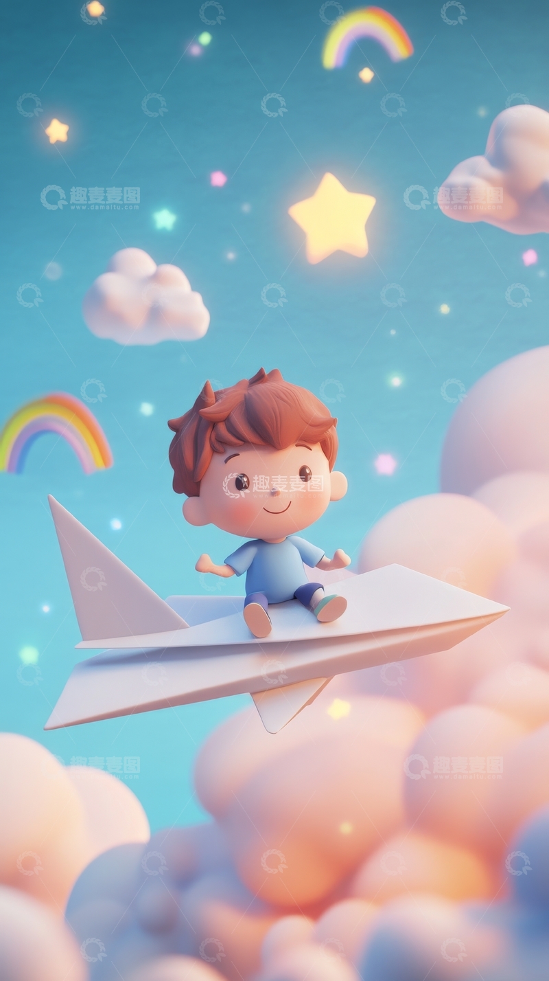 高清大图下载【趣麦麦图】男孩乘纸飞机遨游云端
