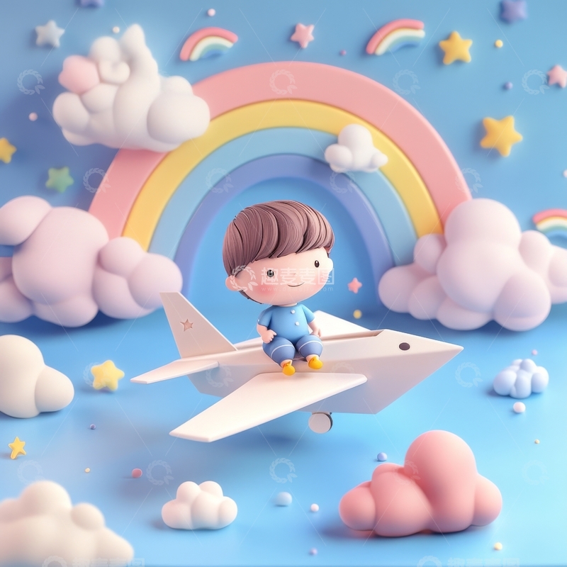 高清大图下载【趣麦麦图】童趣男孩驾驶纸飞机穿越彩虹云朵