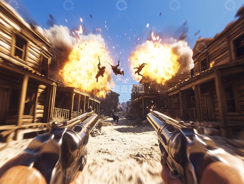 高清大图下载【趣麦麦图】西部小镇爆炸，双枪射击场景