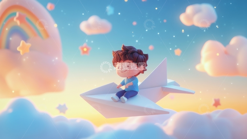 高清大图下载【趣麦麦图】童趣男孩乘纸飞机遨游云端