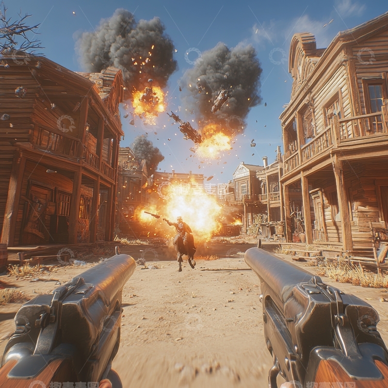 高清大图下载【趣麦麦图】西部小镇爆炸瞬间，双枪对峙