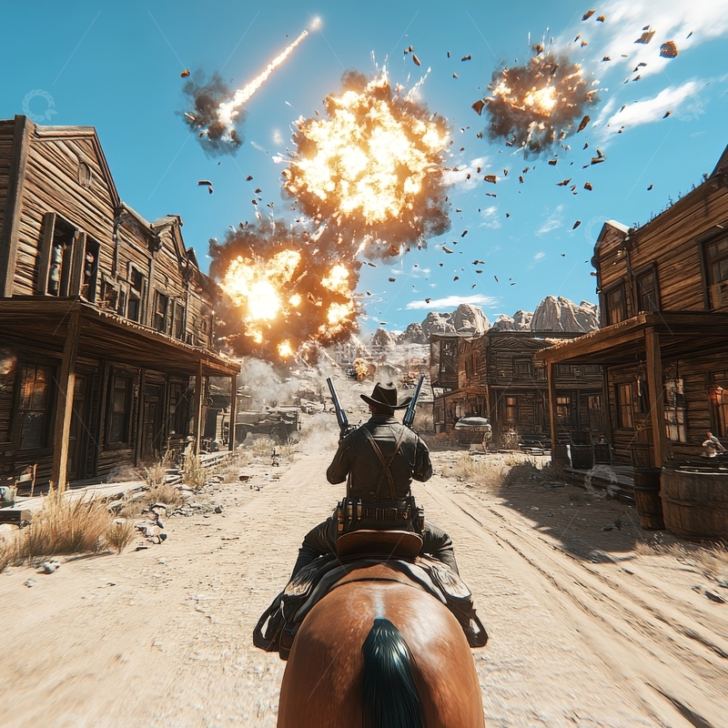 高清大图下载【趣麦麦图】西部小镇爆炸，骑马人物射击