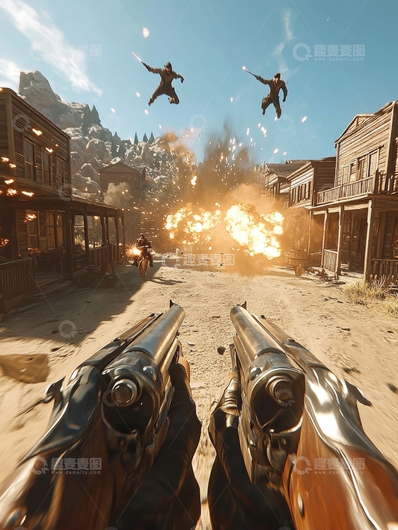高清大图下载【趣麦麦图】西部小镇枪战，双枪对峙爆炸瞬间