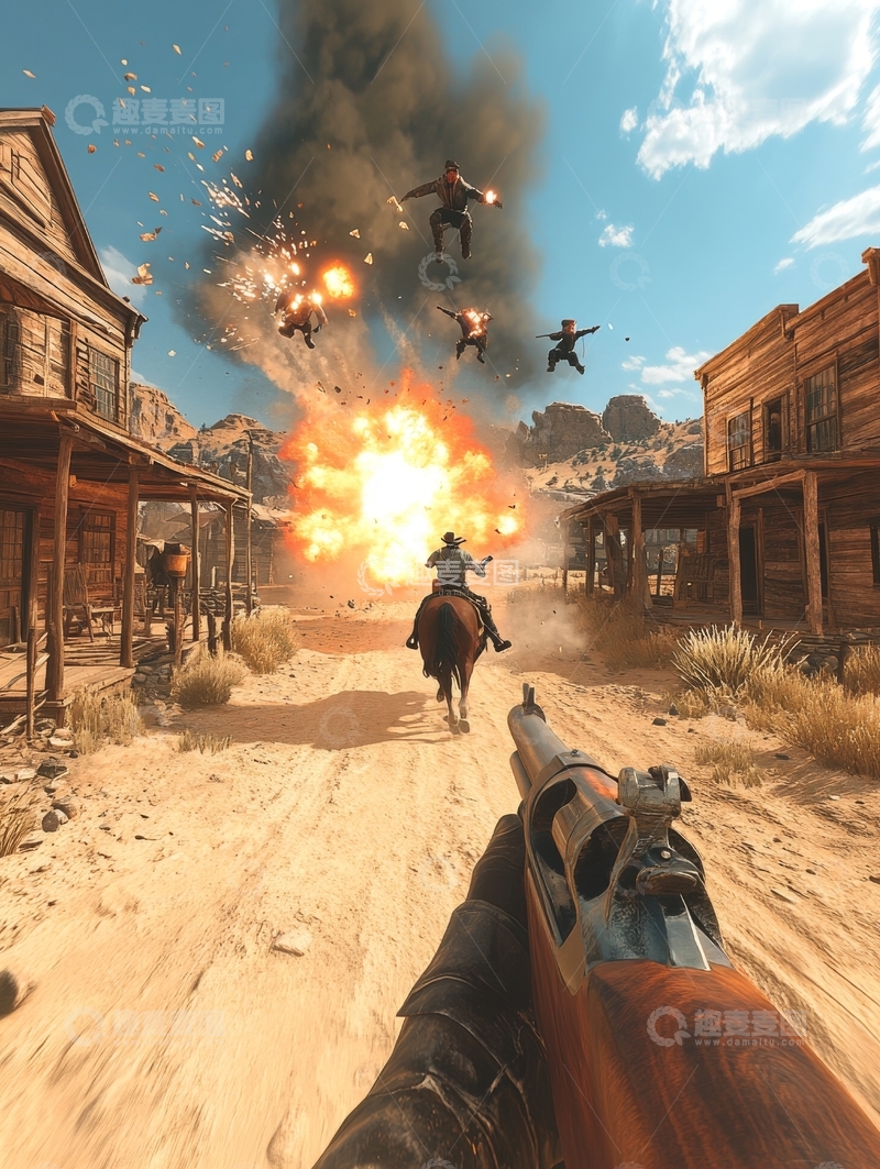 高清大图下载【趣麦麦图】西部小镇爆炸，枪战激烈
