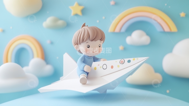 高清大图下载【趣麦麦图】童趣男孩驾驶纸飞机